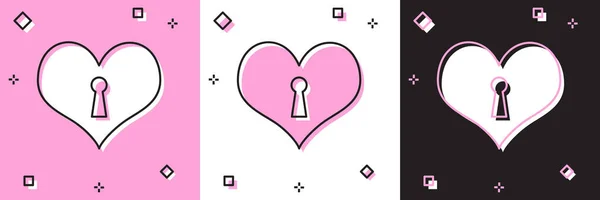 Zestaw Serce z ikoną dziurki na różowym i białym, czarnym tle. Zamknięte serce. Symbol miłości i znak dziurki od klucza. Ilustracja wektora — Wektor stockowy