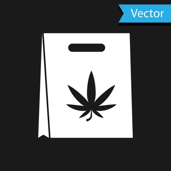 Sac en papier blanc Shopping de marijuana médicale ou icône de feuille de cannabis isolé sur fond noir. Acheter du cannabis. Symbole de chanvre. Illustration vectorielle — Image vectorielle