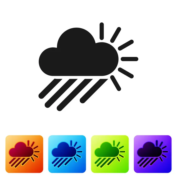 Schwarz bewölkt mit Regen und Sonne auf weißem Hintergrund. Regenwolken Niederschlag mit Regentropfen. setzen Sie Symbole in farbigen quadratischen Buttons. Vektorillustration — Stockvektor