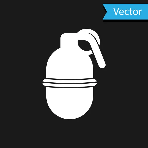 Icono de granada de mano blanca aislado sobre fondo negro. Explosión de bombas. Ilustración vectorial — Vector de stock