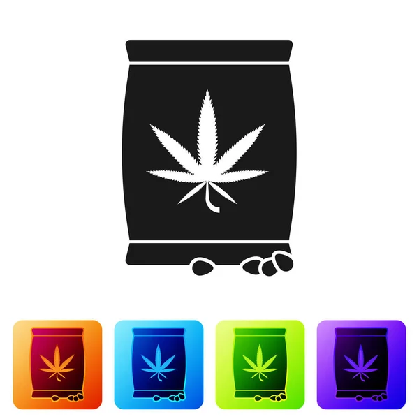 Fekete marihuána vagy cannabis mag egy zsák ikon elszigetelt fehér alapon. Kenderszimbólum. A marihuána ültetési folyamat. Állítsa ikonok színes négyzet gombok. Vektorillusztráció — Stock Vector