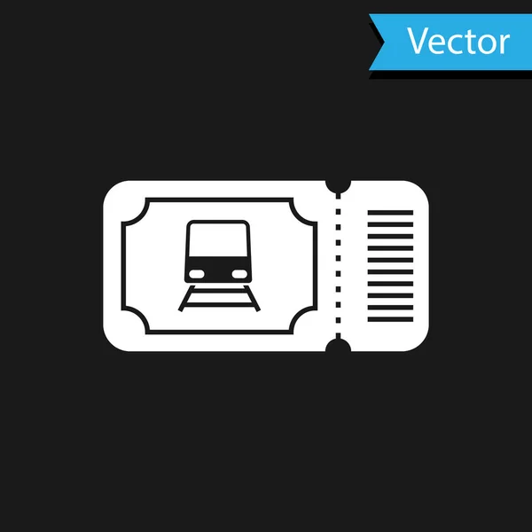 Icono del billete de tren blanco aislado sobre fondo negro. Viaje en tren. Ilustración vectorial — Vector de stock
