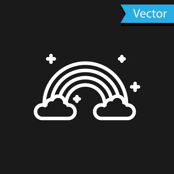 Weißer Regenbogen mit Wolkensymbol auf schwarzem Hintergrund. Vektorillustration — Stockvektor