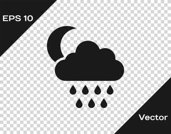 Nuvem cinza com ícone de chuva e lua isolado em fundo transparente. Precipitação de nuvens de chuva com gotas de chuva. Ilustração vetorial — Vetor de Stock