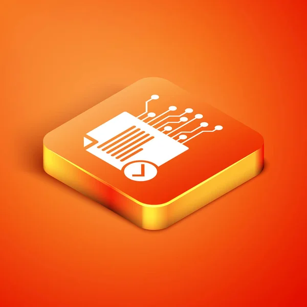 Isometric Smart sözleşme simgesi turuncu arka planda izole edildi. Engelleme teknolojisi, kripto para madenciliği, bitcoin, altsikkeler, dijital para piyasası. Vektör İllüstrasyonu