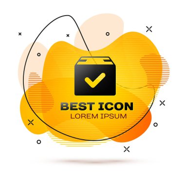 Beyaz arkaplanda işaretleme simgesi olan siyah paket kutusu. İşaretli paket kutusu. Onaylanmış teslimat veya başarılı paket makbuzu. Sıvı şekilli soyut pankart. Vektör İllüstrasyonu