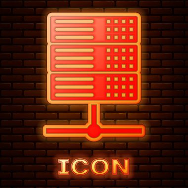 Parlayan neon sunucusu, Data, Web sunucu simgesi tuğla duvar arka planında izole edildi. Vektör İllüstrasyonu