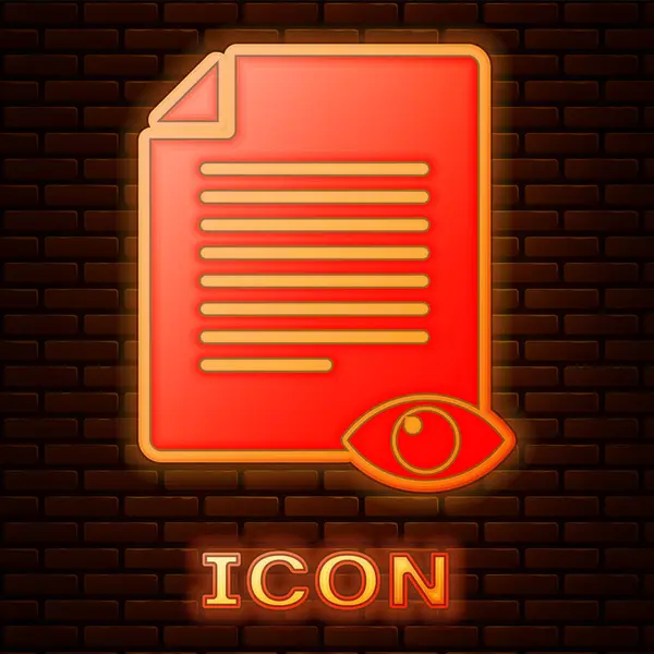 Leuchtende Neon-Papier-Seite mit Augensymbol-Symbol isoliert auf Backsteinwand Hintergrund. Zeichen der Informationsdatei öffnen. Vektorillustration — Stockvektor