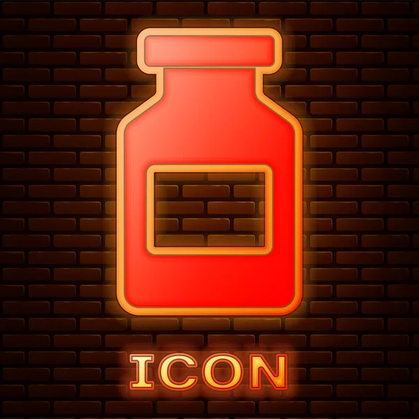 Glödande neon medicin flaska ikon isolerad på tegel vägg bakgrund. Pillertecken på flaska. Farmaceutisk design. Vektor Illustration — Stock vektor