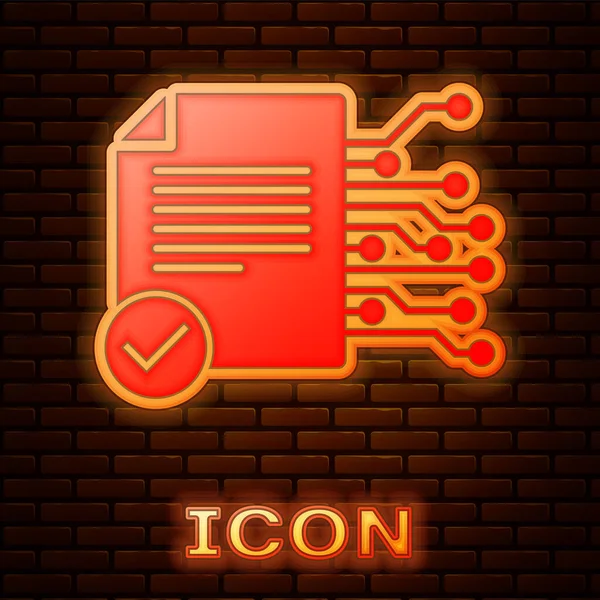 Icono de contrato inteligente de neón brillante aislado en el fondo de la pared de ladrillo. Tecnología de cadena de bloques, minería criptomoneda, bitcoin, altcoins, mercado de dinero digital. Ilustración vectorial — Archivo Imágenes Vectoriales