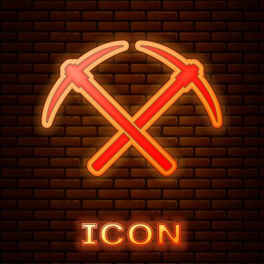 Parlayan neon Çapraz kazma simgesi tuğla duvar arka plan izole. Blockchain teknolojisi, kripto para madenciliği, bitcoin, altcoins, dijital para piyasası. Vektör İllüstrasyonu