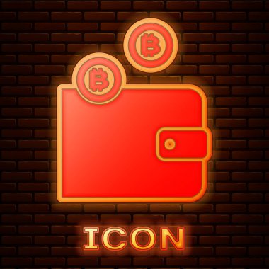 Parlak neon cryptocurrency cüzdan simgesi tuğla duvar arka planda izole. Cüzdan ve Bitcoin işareti. Madencilik konsepti. Para, ödeme, nakit, ödeme simgesi. Vektör Illustration