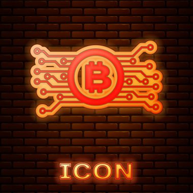Tuğla duvar arka planda izole mikroçip devre simgesi ile daire içinde parlayan neon Cryptocurrency bitcoin. Blockchain teknolojisi, dijital para piyasası. Vektör İllüstrasyonu
