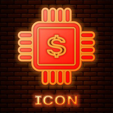 Tuğla duvar arka planda izole dolar simgesi ile Parlayan neon İşlemci yonga. Cpu ve bir dolar işareti. Vektör İllüstrasyonu