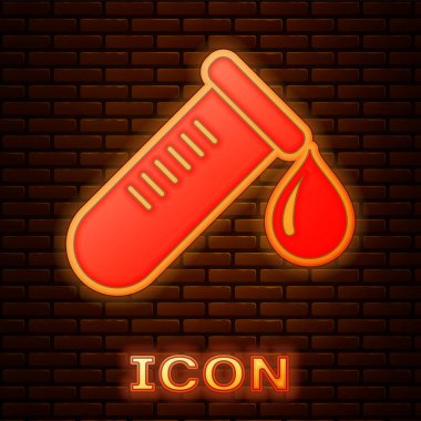 Parlayan Neon test tüpü veya tuğla duvar arka planda izole kan simgesi damla ile Flask. Laboratuar, kimyasal, bilimsel cam işareti. Vektör Illustration