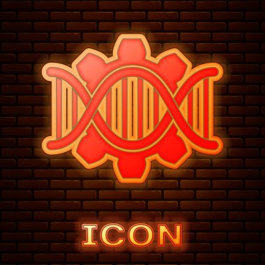 Parlayan neon Genetik mühendislik simgesi tuğla duvar arka plan izole. DNA analizi, genetik testi, klonlama, babalık testi. Vektör İllüstrasyonu