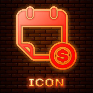 Parlayan Neon mali takvim simgesi tuğla duvar arka planda izole. Yıllık ödeme günü, aylık bütçe planlaması, sabit dönem konsepti, kredi süresi. Vektör Illustration
