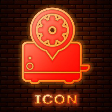 Parlayan neon Tost Makinesi ve dişli simgesi tuğla duvar arka plan izole. Uygulama, servis konsepti, ayar seçenekleri, bakım, onarım, sabitleme ayarlama. Vektör İllüstrasyonu