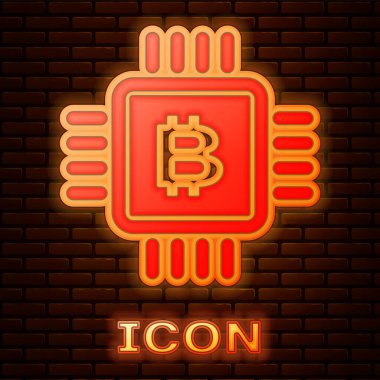 Parlayan neon Cpu madencilik çiftlik simgesi tuğla duvar arka plan izole. Mikroçipin içinde Bitcoin işareti. Kripto para madenciliği topluluğu. Dijital para. Vektör İllüstrasyonu