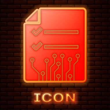 Parlayan neon Smart sözleşme simgesi tuğla duvar arka planda izole. Blockchain teknolojisi, kripto para madenciliği, bitcoin, altcoins, dijital para piyasası. Vektör İllüstrasyonu