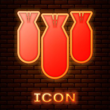 Parlayan Neon Havacılık bombalar simgesi tuğla duvar arka plan üzerinde izole. Roket bombası uçuyor. Vektör Illustration
