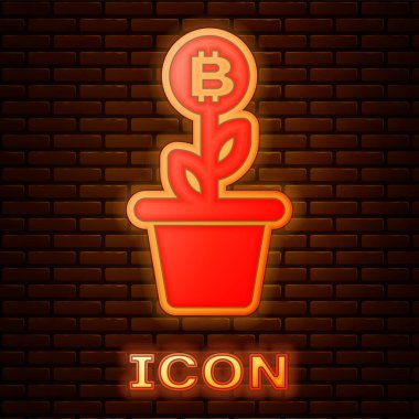 Tuğla duvar arka planda izole pot simgesinde parlayan Neon Bitcoin bitki. İş yatırımı büyüme kavramı. Blockchain teknolojisi, kripto para madenciliği. Vektör Illustration