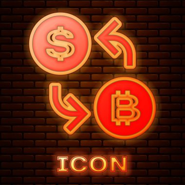 Parlayan Neon cryptocurrency değişim simgesi tuğla duvar arka plan üzerinde izole. Bitcoin dolar değişim simgesi. Kripto para teknolojisi, mobil bankacılık. Vektör Illustration