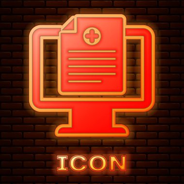 Parlayan Neon tıbbi klinik kayıt monitör simgesi tuğla duvar arka planda izole. Sağlık sigortası formu. Reçete, tıbbi kontrol işaretleri raporu. Vektör Illustration