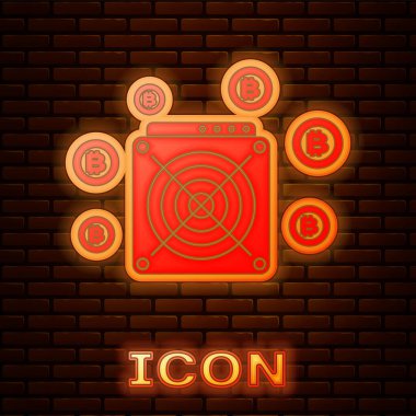 Parlak neon Asic Miner simgesi tuğla duvar arka planda izole. Cryptocurrency madencilik ekipman ve donanım. Uygulamaya özel entegre devre. Vektör Illustration