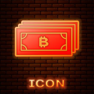 Tuğla duvar arka planda izole mikroçip devre simgesi ile daire içinde parlayan neon Cryptocurrency bitcoin. Blockchain teknolojisi, dijital para piyasası. Vektör İllüstrasyonu