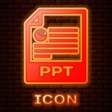 Parlayan Neon PPT dosya belgesi. Tuğla duvar arka planda izole Download PPT düğmesi simgesi. PPT dosya sunumu. Vektör Illustration