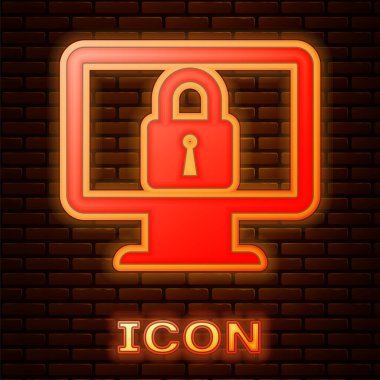 Tuğla duvar arka planda yalıtılmış bilgisayar monitörü ekran simgesi üzerinde Parlayan neon Kilit. Monitör ve asma kilit. Güvenlik, güvenlik, koruma konsepti. Güvenli internet çalışması. Vektör İllüstrasyonu