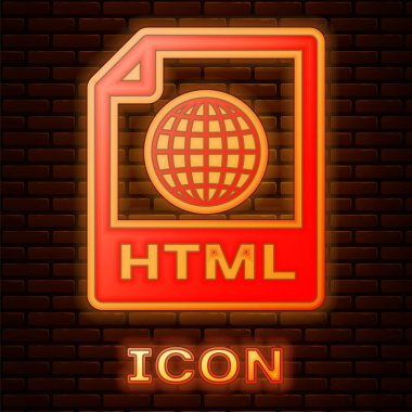 Parlayan Neon HTML dosyası belgesi. Tuğla duvar arka plan üzerinde izole HTML düğmesi simgesini indirin. HTML dosya sembolü. İşaretleme dili sembolü. Vektör Illustration