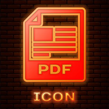 Parlayan Neon PDF dosyası belgesi. Tuğla duvar arka plan üzerinde izole PDF düğmesi simgesini indirin. PDF dosyası sembolü. Vektör Illustration