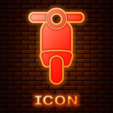 Parlayan neon Scooter simgesi tuğla duvar arka plan izole. Vektör İllüstrasyonu