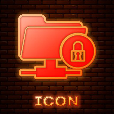 Parlayan neon Ftp klasörü ve kilit simgesi tuğla duvar arka planda izole. Yazılım güncelleme kavramı, ftp transfer protokolü. Güvenlik, güvenlik, koruma konsepti. Vektör İllüstrasyonu