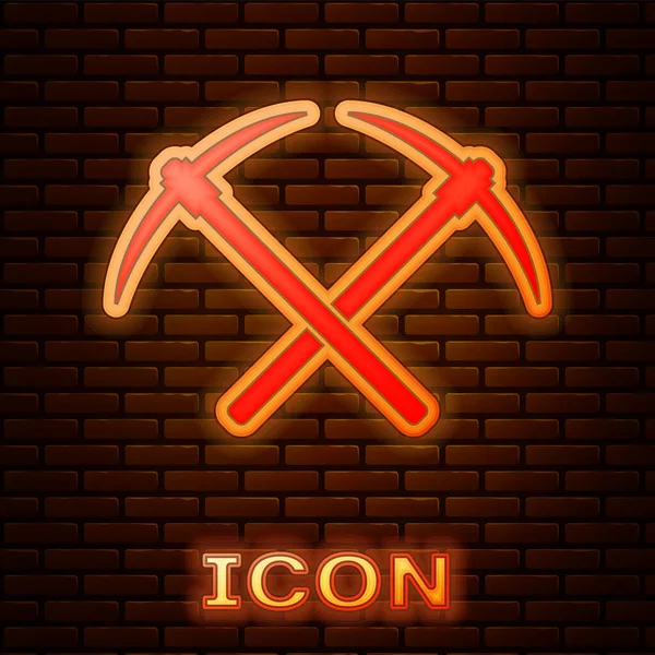 Świecąca Neon skrzyżowana ikona kilofa wyizolowana na tle muru ceglanego. Technologia Blockchain, wydobycie kryptowalut, Bitcoin, altcoins, cyfrowy rynek pieniężnego. Ilustracja wektorowa — Wektor stockowy