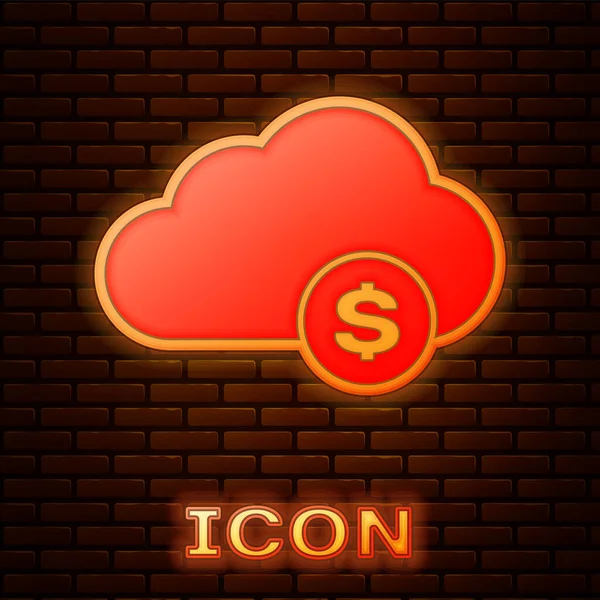 Gloeiende neon Cryptogeld Cloud Mining icoon geïsoleerd op bakstenen muur achtergrond. Blockchain-technologie, bitcoin, digitale geldmarkt, cryptocoin wallet. Vector illustratie — Stockvector