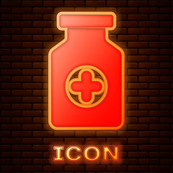 Icono de botella de neón medicina brillante aislado en el fondo de la pared de ladrillo. Signo de la píldora. Diseño de farmacia. Ilustración vectorial — Archivo Imágenes Vectoriales