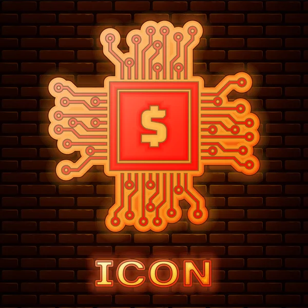 Świecący neon Procesor chip z ikoną dolara izolowane na tle cegły ściany. Cpu, jednostka centralna, mikroprocesor, mikroobwód, procesor komputerowy. Ilustracja wektora — Wektor stockowy