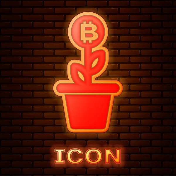 Lumineux néon usine Bitcoin dans l'icône du pot isolé sur fond de mur de briques. Concept de croissance des investissements des entreprises. Technologie blockchain, exploitation minière crypto-monnaie. Illustration vectorielle — Image vectorielle