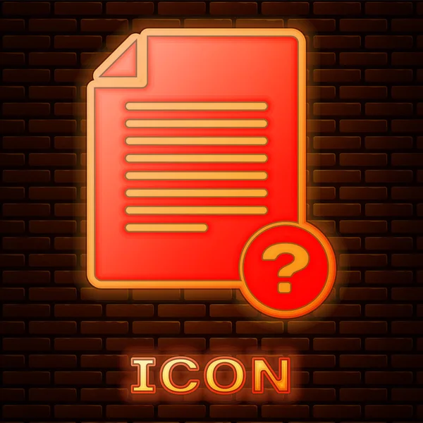 Glowing neon Unknown document icon isolated on brick wall background. File with Question mark. Hold report, service and global search sign. Vector Illustration — Stock Vector