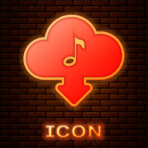 Nuvem de néon brilhante baixar ícone de música isolada no fundo da parede de tijolo. Serviço de streaming de música, computação em nuvem de som, streaming de mídia online, onda de áudio. Ilustração vetorial — Vetor de Stock
