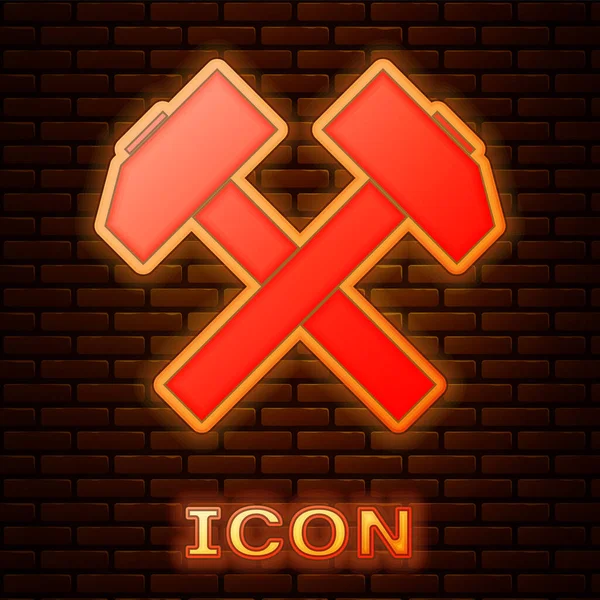 Glowing neon Two crossed hammers icon isolated on brick wall background. Tool for repair. Vector Illustration — Stock Vector