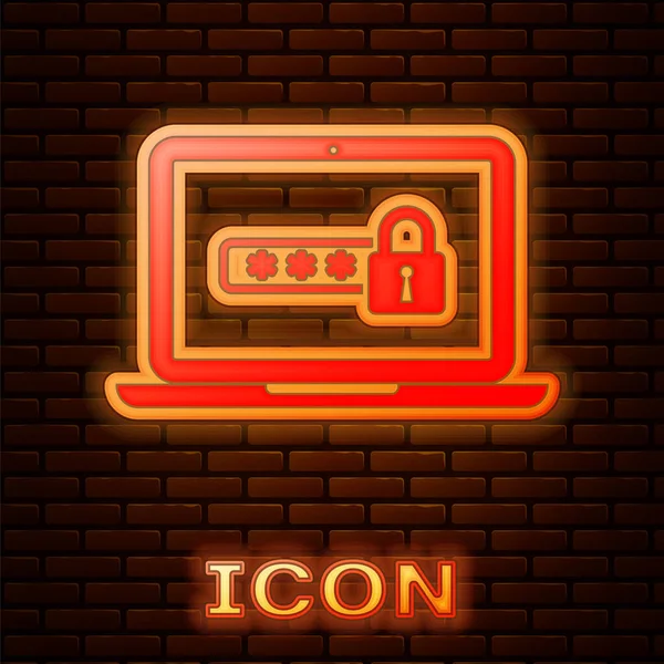 Brillante ordenador portátil de neón con notificación de contraseña y bloqueo icono aislado en el fondo de la pared de ladrillo. Seguridad, acceso personal, autorización de usuario, formulario de acceso. Ilustración vectorial — Vector de stock