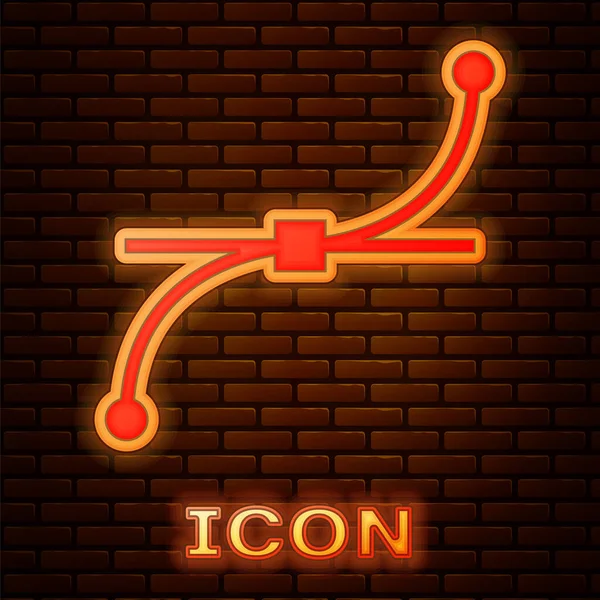 Parlayan neon Bezier eğrisi simgesi tuğla duvar arka planında izole edildi. Kalem aracı simgesi. Vektör İllüstrasyonu