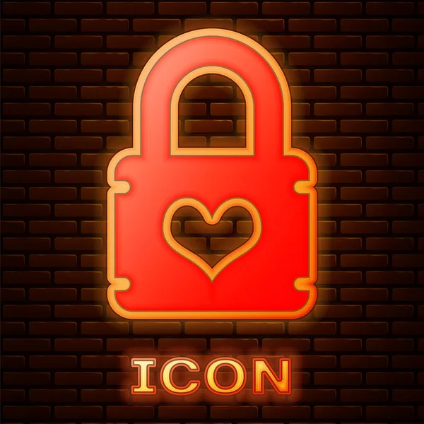 Świecąca Neon kłódki z ikoną serca wyizolowaną na tle muru ceglanego. Zablokowane serce. Symbol miłości i znak otworu na klucze. Ilustracja wektorowa — Wektor stockowy