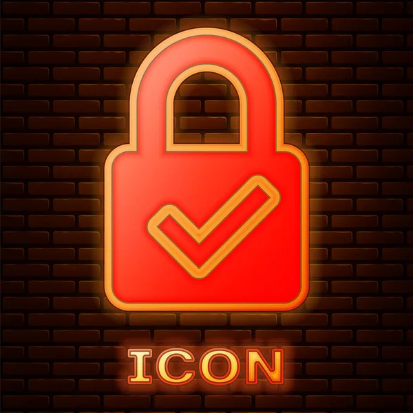 Brillante neón Abra el candado y marque el icono aislado en el fondo de la pared de ladrillo. Concepto de seguridad cibernética. Protección de datos digital. Seguridad. Ilustración vectorial — Vector de stock