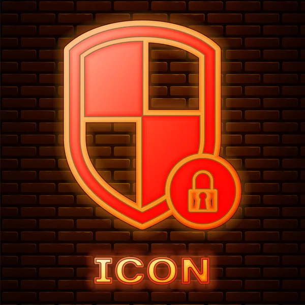 Gloeiende neon Shield beveiliging met slot icoon geïsoleerd op bakstenen muur achtergrond. Bescherming, veiligheid, wachtwoordbeveiliging. Privacy-teken voor firewall toegang. Vector illustratie — Stockvector