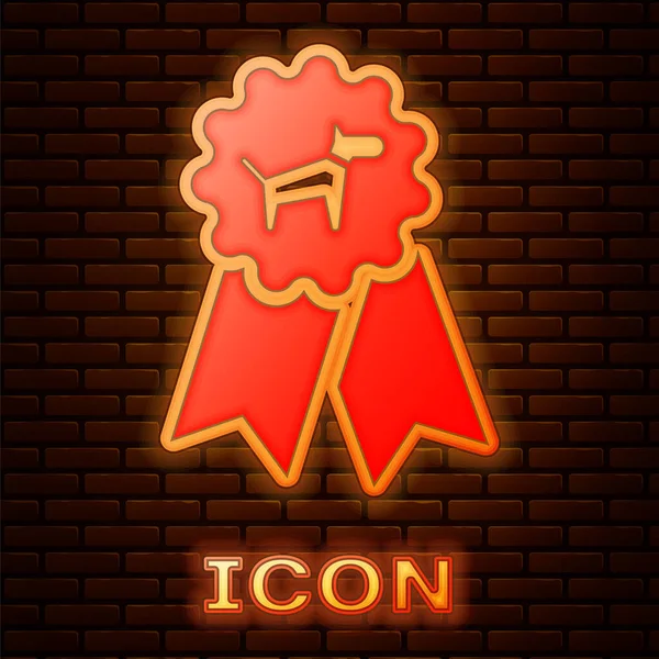 Brilhante neon Dog ícone símbolo de prêmio isolado no fundo da parede de tijolo. Medalha com pegada de cão como conceito vencedor da exposição de animais de estimação. Ilustração vetorial —  Vetores de Stock